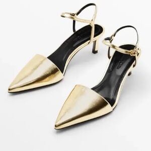 Massimo Dutti  Metallic Gold Pointed-Toe Ankle Strap Heels size 8